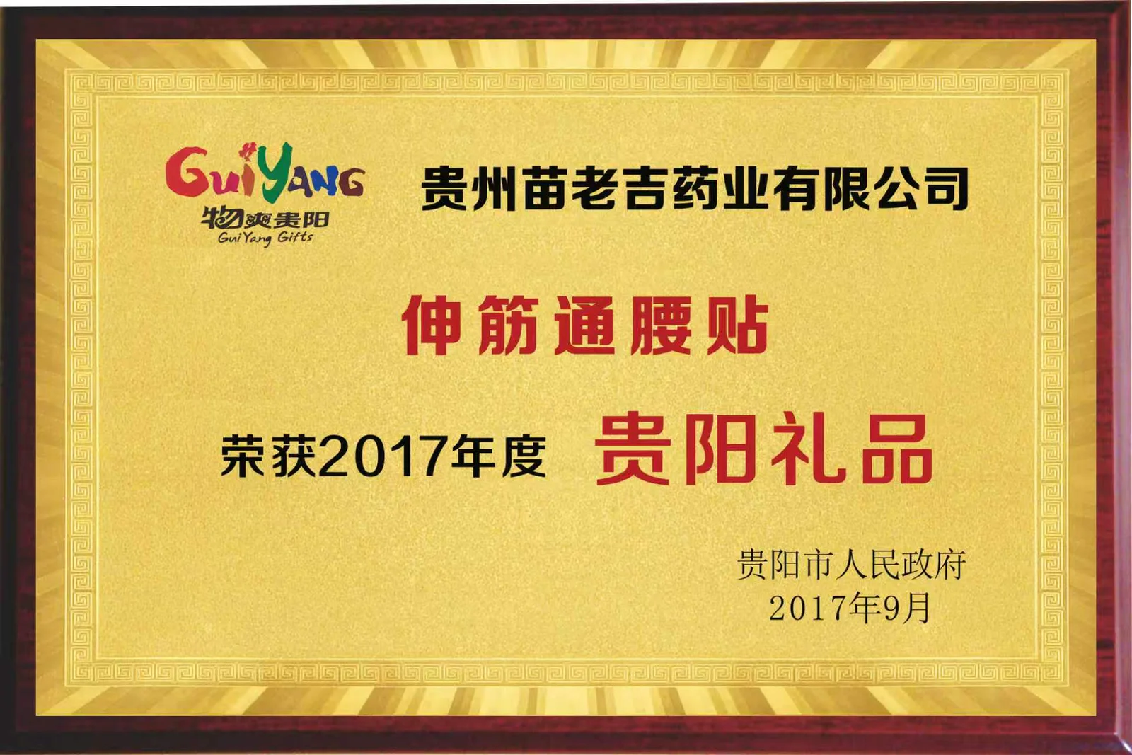 伸筋通腰贴2017年度贵阳礼品牌匾